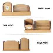 Beige Wooden Pen Stand with Personalised Name with Clock and Mobile Stand and card Holder