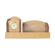 Beige Wooden Pen Stand with Personalised Name with Clock and Mobile Stand and card Holder