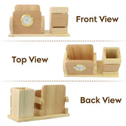 Personalised Beige Wooden Desk Name Plate with Mobile stand, Pen Stand and Clock