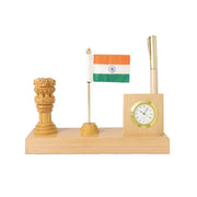 Personalised Beige Wooden Desk Name Plate with National Flag and Ashoka Pillar and Clock