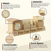 Personalised Beige Wooden Desk Organiser With Clock, Card ,Mobile Holder And Pen Stand