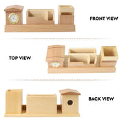 Personalised Beige Wooden Desk Organiser With Clock, Card ,Mobile Holder And Pen Stand