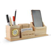 Personalised Beige Wooden Pen Stand, Clock and Visiting Card holder Mobile Stand and Coasters