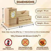 Personalised Beige Wooden desk Organiser with Mobile stand, Pen Stand, Clock and Visiting Card holder