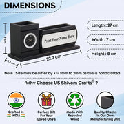 Personalised Matt Black Wooden Desk Organiser with Name Plate, Mobile Stand, Pen Stand and Clock