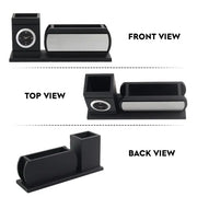 Personalised Matt Black Wooden Desk Organiser with Name Plate, Mobile Stand, Pen Stand and Clock