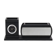 Personalised Matt Black Wooden Desk Organiser with Name Plate, Mobile Stand, Pen Stand and Clock