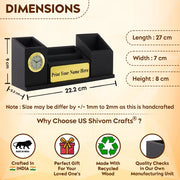 Personalised Matt Black Wooden Desk Organiser with Name Plate, Mobile stand, Pen Stand, Clock and Card Holder (Golden)