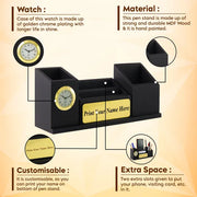 Personalised Matt Black Wooden Desk Organiser with Name Plate, Mobile stand, Pen Stand, Clock and Card Holder (Golden)