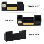 Personalised Matt Black Wooden Desk Organiser with Name Plate, Mobile stand, Pen Stand, Clock and Card Holder (Golden)