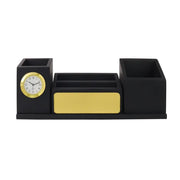 Personalised Matt Black Wooden Desk Organiser with Name Plate, Mobile stand, Pen Stand, Clock and Card Holder (Golden)