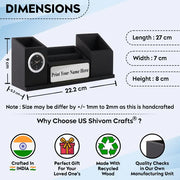 Personalised Matt Black Wooden Desk Organiser with Name Plate, Mobile stand, Pen Stand, Clock and Card Holder (Silver)