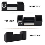Personalised Matt Black Wooden Desk Organiser with Name Plate, Mobile stand, Pen Stand, Clock and Card Holder (Silver)