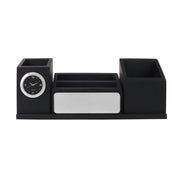 Personalised Matt Black Wooden Desk Organiser with Name Plate, Mobile stand, Pen Stand, Clock and Card Holder (Silver)