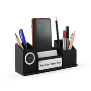 Personalised Matt Black Wooden Desk Organiser with Name Plate, Mobile stand, Pen Stand, Clock and Card Holder (Silver)