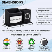Personalised Matt Black Wooden Desk Organiser with Name Plate, Mobile stand, Pen Stand, and Clock