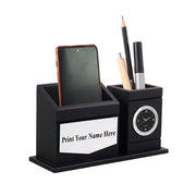 Personalised Matt Black Wooden Desk Organiser with Name Plate, Mobile stand, Pen Stand, and Clock
